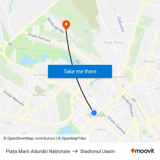 Piața Marii Adunări Naționale to Stadionul Uasm map