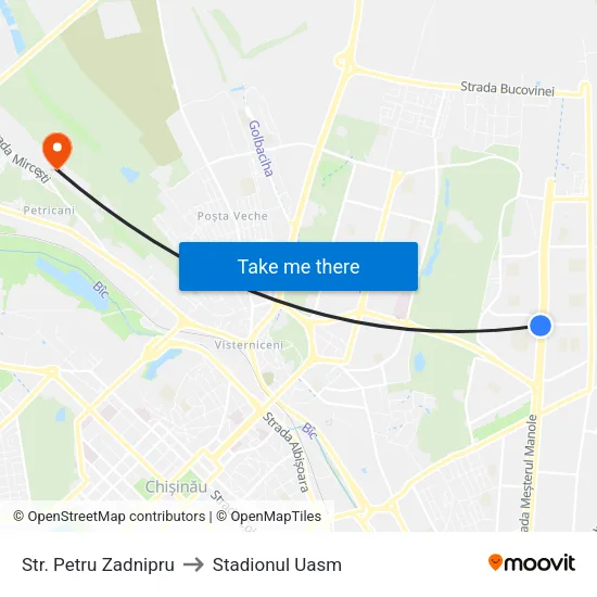 Str. Petru Zadnipru to Stadionul Uasm map