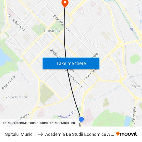 Spitalul Municipal Nr. 1 to Academia De Studii Economice A Moldovei (Asem) map