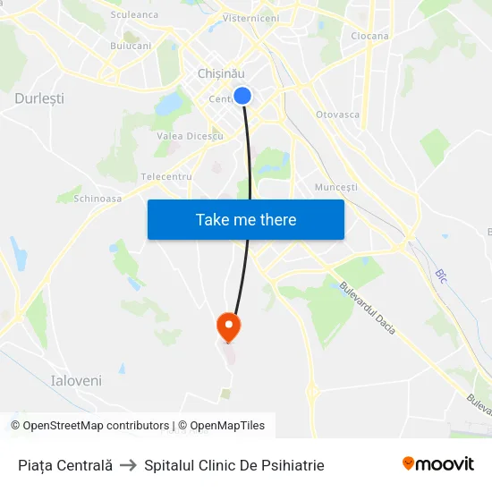 Piața Centrală to Spitalul Clinic De Psihiatrie map