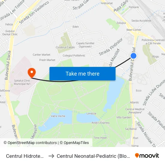 Centrul Hidrotehnica to Centrul Neonatal-Pediatric (Blocul «O») map