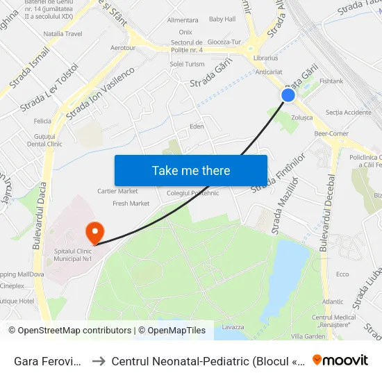 Gara Feroviară to Centrul Neonatal-Pediatric (Blocul «O») map