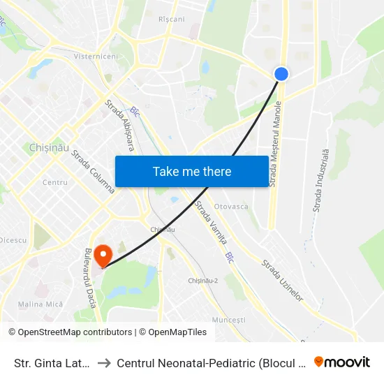 Str. Ginta Latină to Centrul Neonatal-Pediatric (Blocul «O») map