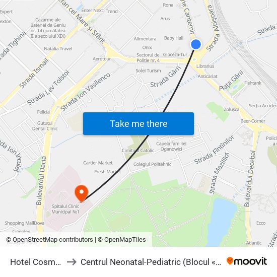 Hotel Cosmos to Centrul Neonatal-Pediatric (Blocul «O») map