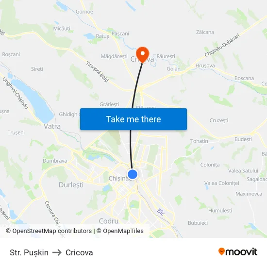 Str. Pușkin to Cricova map