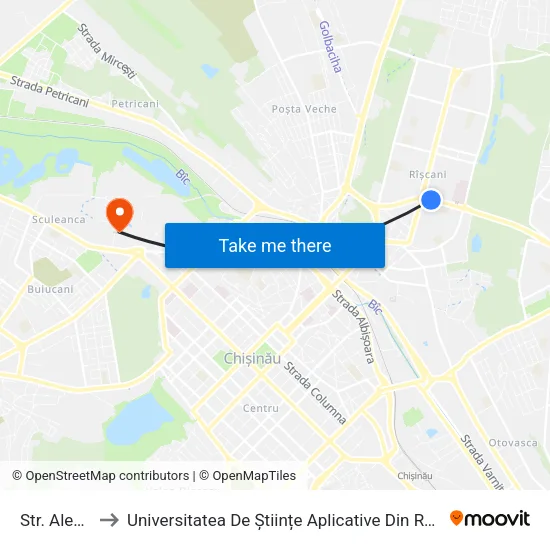 Str. Alecu Russo to Universitatea De Științe Aplicative Din Republica Moldova (Abandonată) map