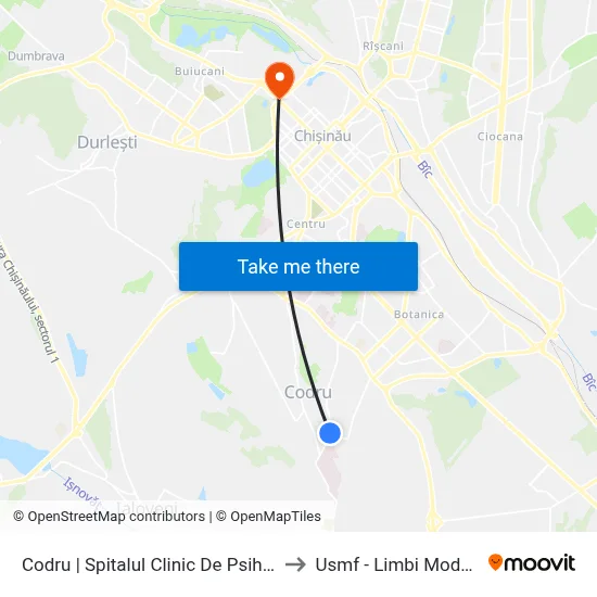 Codru | Spitalul Clinic De Psihiatrie to Usmf - Limbi Moderne map
