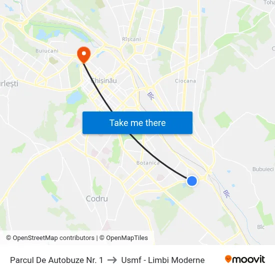 Parcul De Autobuze Nr. 1 to Usmf - Limbi Moderne map