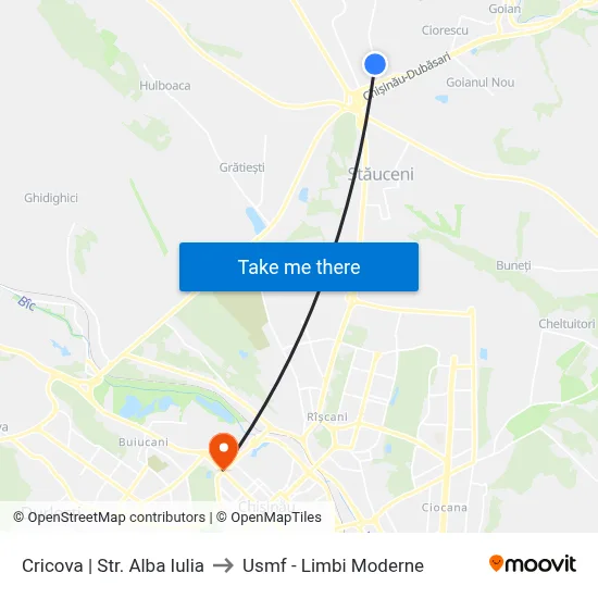 Cricova | Str. Alba Iulia to Usmf - Limbi Moderne map