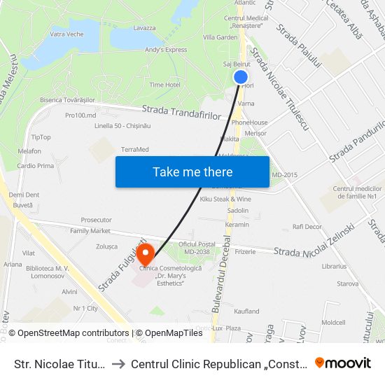 Str. Nicolae Titulescu to Centrul Clinic Republican „Constructorul” map