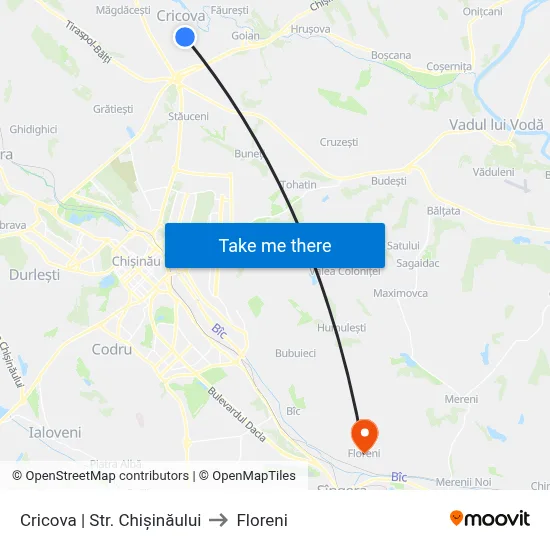 Cricova | Str. Chișinăului to Floreni map