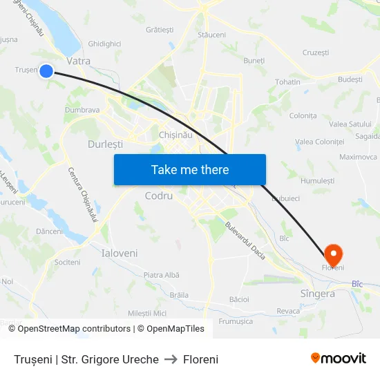 Trușeni | Str. Grigore Ureche to Floreni map