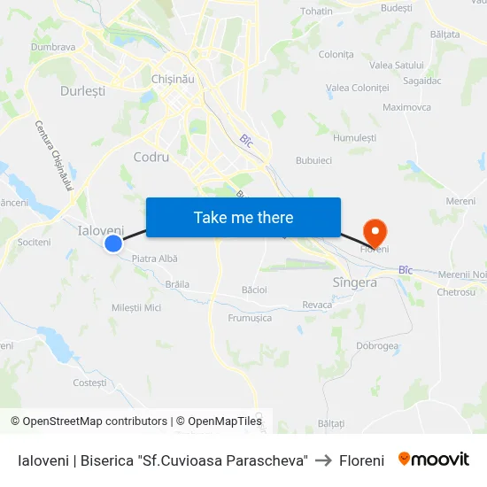 Ialoveni | Biserica "Sf.Cuvioasa Parascheva" to Floreni map