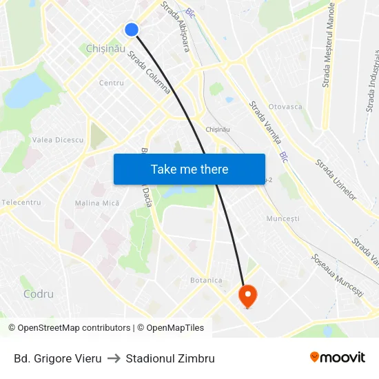 Bd. Grigore Vieru to Stadionul Zimbru map