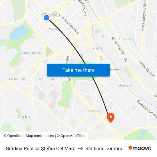 Grădina Publică Ștefan Cel Mare to Stadionul Zimbru map