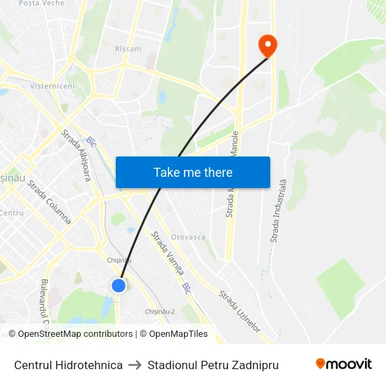Centrul Hidrotehnica to Stadionul Petru Zadnipru map