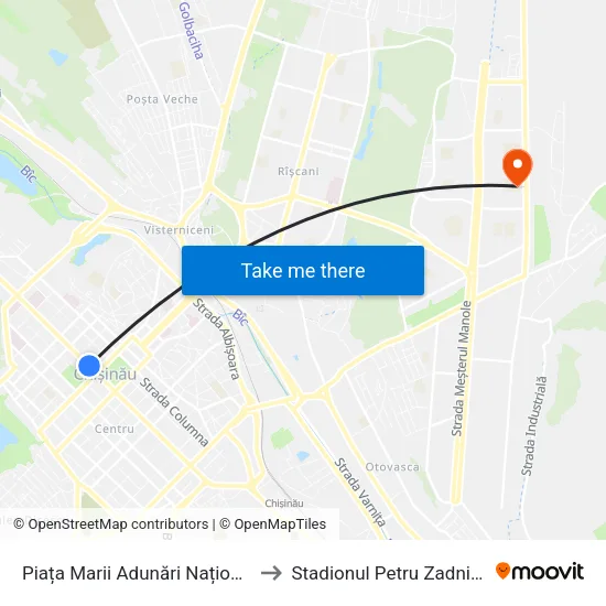 Piața Marii Adunări Naționale to Stadionul Petru Zadnipru map