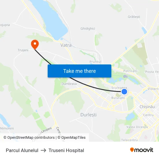 Parcul Alunelul to Truseni Hospital map