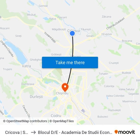 Cricova | Str. Miorița to Blocul D / E - Academia De Studii Economice A Moldovei (Asem) map