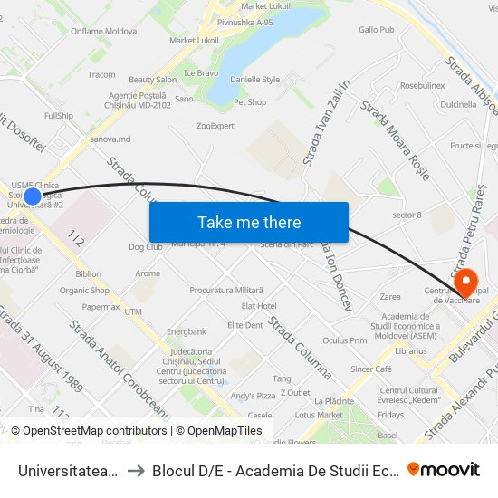 Universitatea De Medicină to Blocul D / E - Academia De Studii Economice A Moldovei (Asem) map