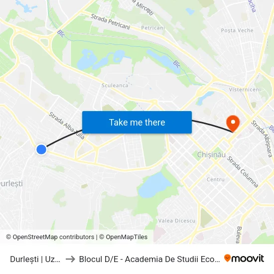 Durlești | Uzina Aschim to Blocul D / E - Academia De Studii Economice A Moldovei (Asem) map
