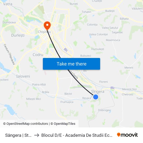 Sângera | Str. Mateevici to Blocul D / E - Academia De Studii Economice A Moldovei (Asem) map