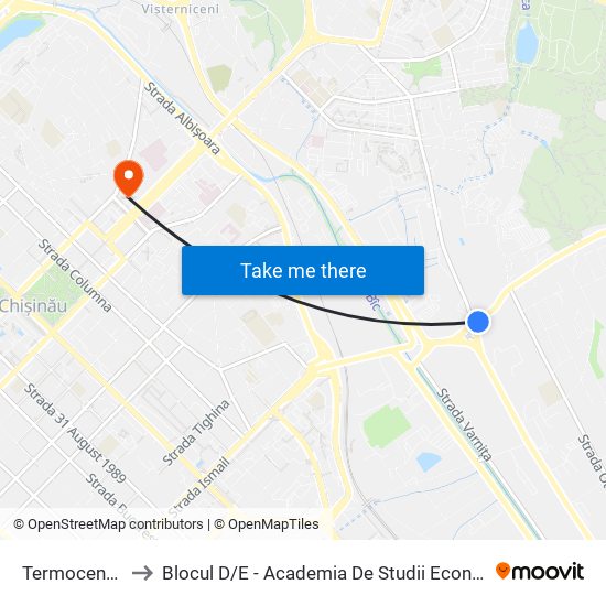 Termocentrala Nr. 1 to Blocul D / E - Academia De Studii Economice A Moldovei (Asem) map