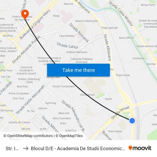 Str. Ismail to Blocul D / E - Academia De Studii Economice A Moldovei (Asem) map