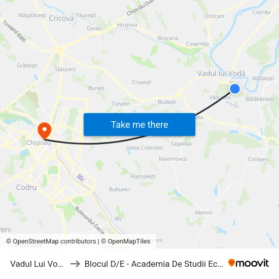 Vadul Lui Vodă | Speranța to Blocul D / E - Academia De Studii Economice A Moldovei (Asem) map