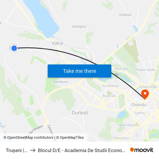 Trușeni | Centru to Blocul D / E - Academia De Studii Economice A Moldovei (Asem) map