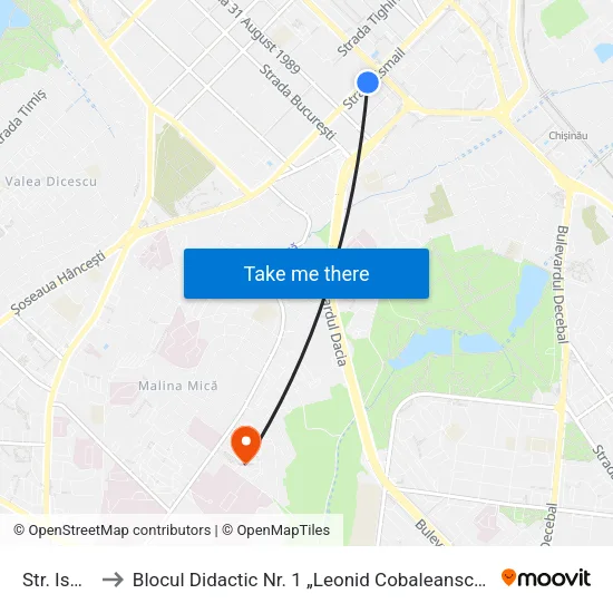 Str. Ismail to Blocul Didactic Nr. 1 „Leonid Cobaleanschi” - Usmf map