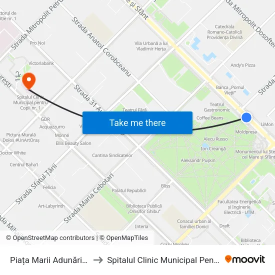 Piața Marii Adunări Naționale to Spitalul Clinic Municipal Pentru Copii Nr. 1 map