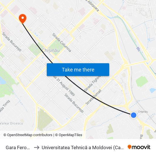 Gara Feroviară to Universitatea Tehnică a Moldovei (Campusul A) map