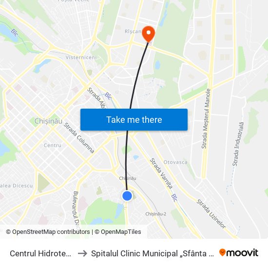 Centrul Hidrotehnica to Spitalul Clinic Municipal „Sfânta Treime” map