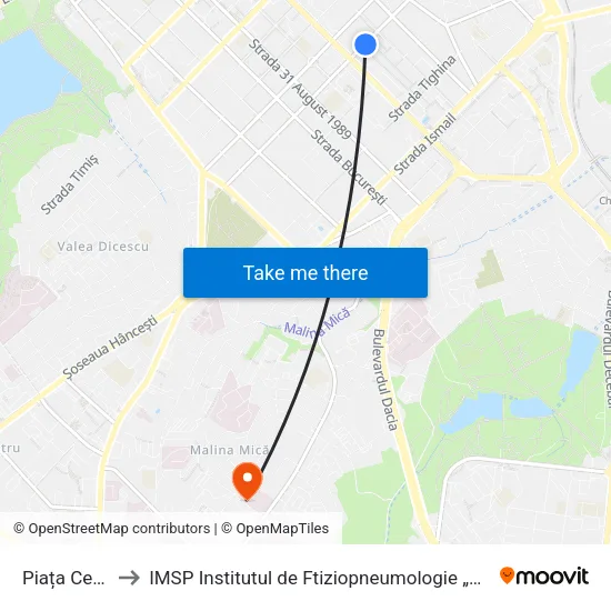 Piața Centrală to IMSP Institutul de Ftiziopneumologie „Chiril Draganiuc” map