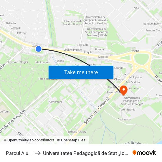 Parcul Alunelul to Universitatea Pedagogică de Stat „Ion Creangă” map