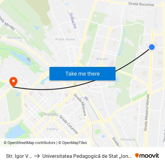 Str. Igor Vieru to Universitatea Pedagogică de Stat „Ion Creangă” map