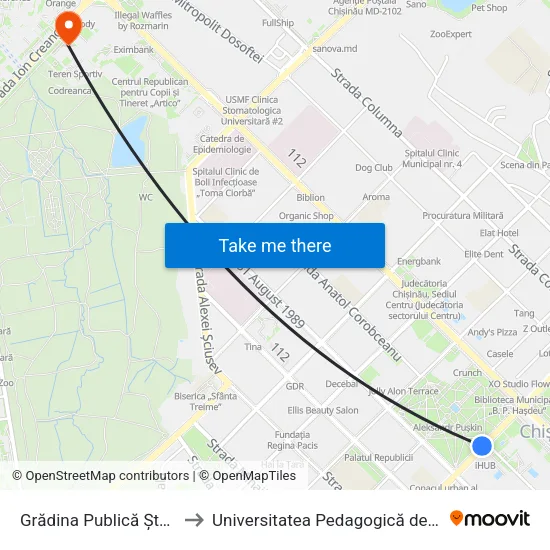 Grădina Publică Ștefan Cel Mare to Universitatea Pedagogică de Stat „Ion Creangă” map