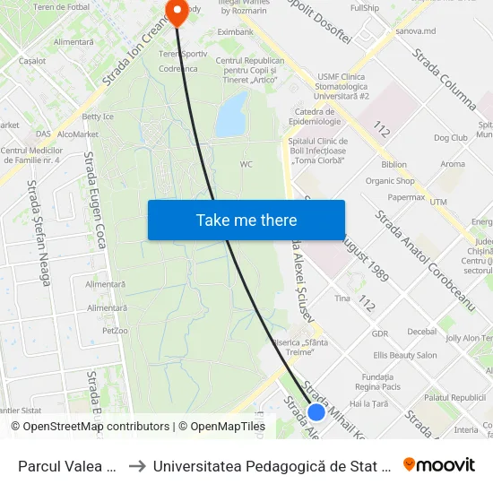 Parcul Valea Morilor to Universitatea Pedagogică de Stat „Ion Creangă” map