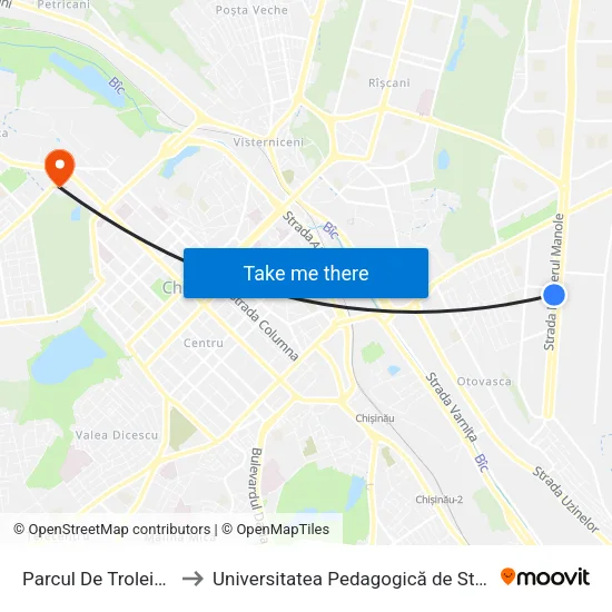 Parcul De Troleibuze Nr. 3 to Universitatea Pedagogică de Stat „Ion Creangă” map