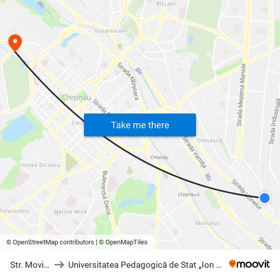 Str. Movileni to Universitatea Pedagogică de Stat „Ion Creangă” map