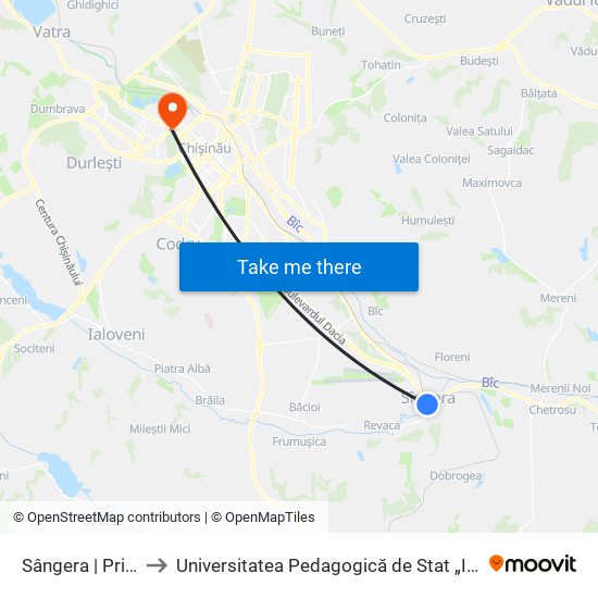 Sângera | Primăria to Universitatea Pedagogică de Stat „Ion Creangă” map