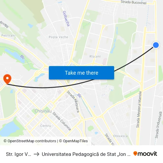 Str. Igor Vieru to Universitatea Pedagogică de Stat „Ion Creangă” map