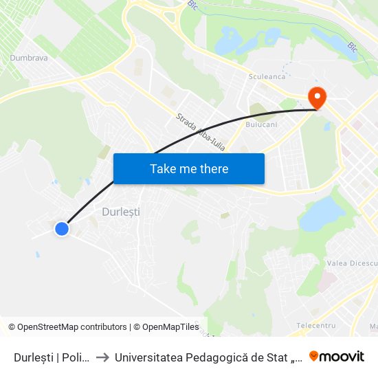 Durlești | Policlinica to Universitatea Pedagogică de Stat „Ion Creangă” map