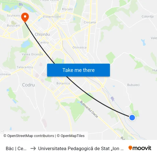 Bâc | Centru to Universitatea Pedagogică de Stat „Ion Creangă” map