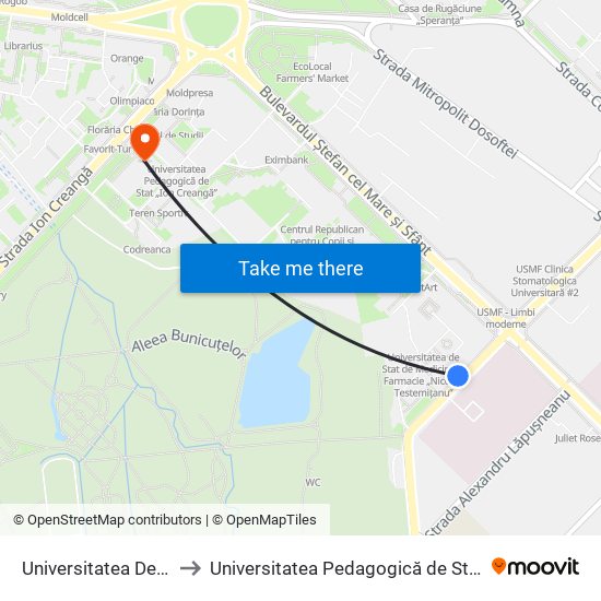Universitatea De Medicină to Universitatea Pedagogică de Stat „Ion Creangă” map