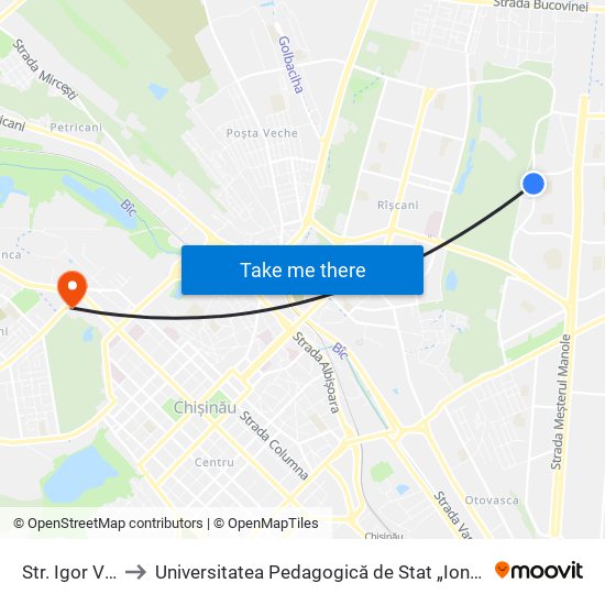 Str. Igor Vieru to Universitatea Pedagogică de Stat „Ion Creangă” map