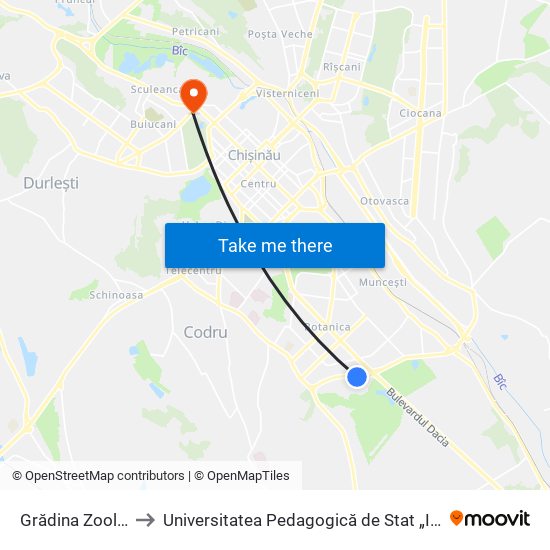 Grădina Zoologică to Universitatea Pedagogică de Stat „Ion Creangă” map