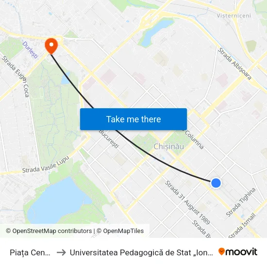 Piața Centrală to Universitatea Pedagogică de Stat „Ion Creangă” map