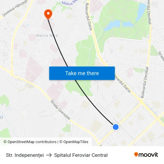 Str. Indepenenței to Spitalul Feroviar Central map